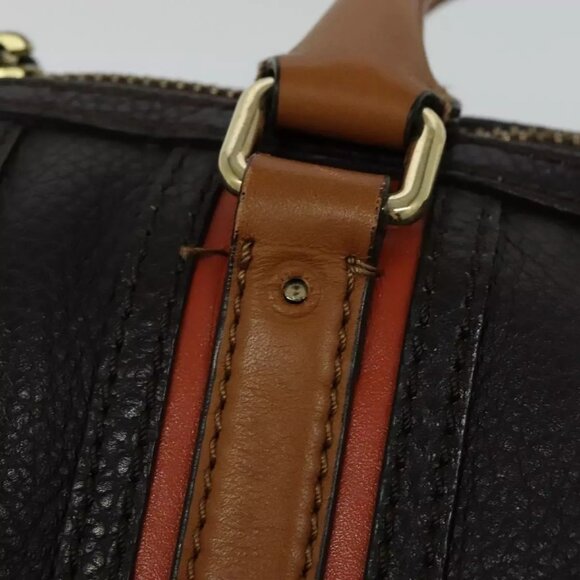 BURBERRY Hand Bag Leather 2way Dark Brown Gold Auth 114741 - Picture 10 of 16